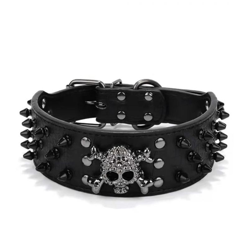 Large Dog Collar PU Pet Collar with Rivets and Skull Studded