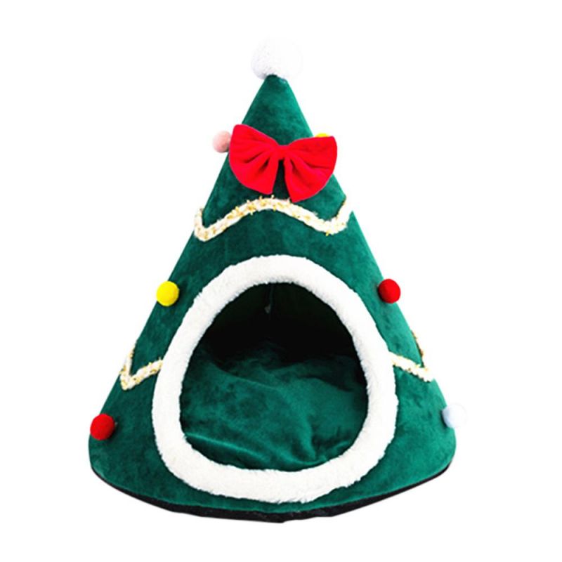 Christmas Tree Shape Dog Cat Bed House Home Warm Sleeping Bed Half Closed Bed