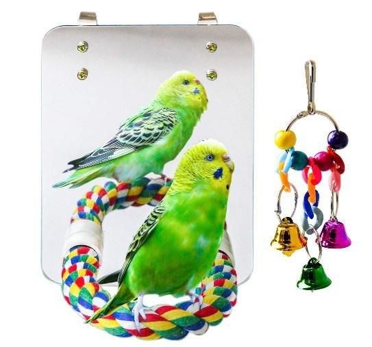 2 PCS Pack Bird Parrot Mirror Bird Mirror Toy Bird Rope Chew Bell Bite Toys