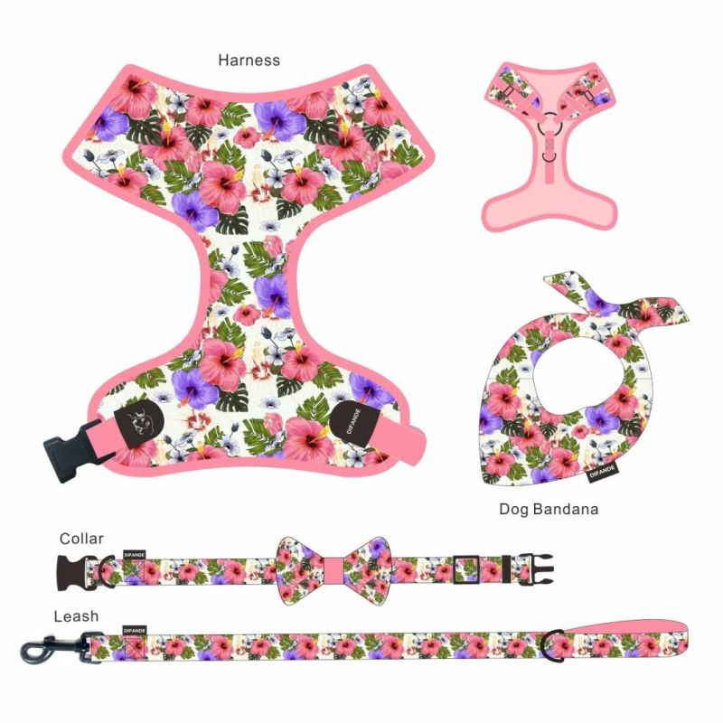 New Design Custom Printed Pet Collar Leash Neoprene Dog Harness Set with Poop Bag Holder