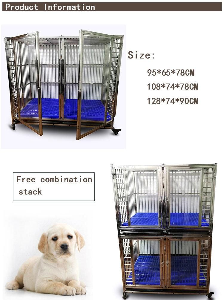 Four Wheels Dog Cages Large Breed Stainless Steel Kennels Heavy Duty Glass Door