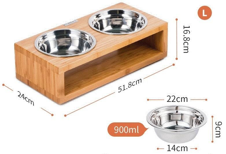 Acacia Wood Dog Cat Pet Feeder & Double Stainless Steel Bowls