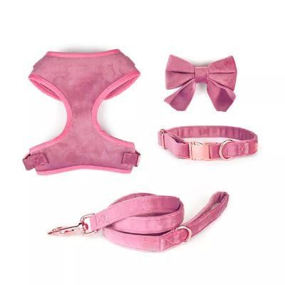 Luxury Dog Collar and Leash Velvet Custom Pet Harness Set Poop Bag W/ Gold Metal Buckle, Dog Harness