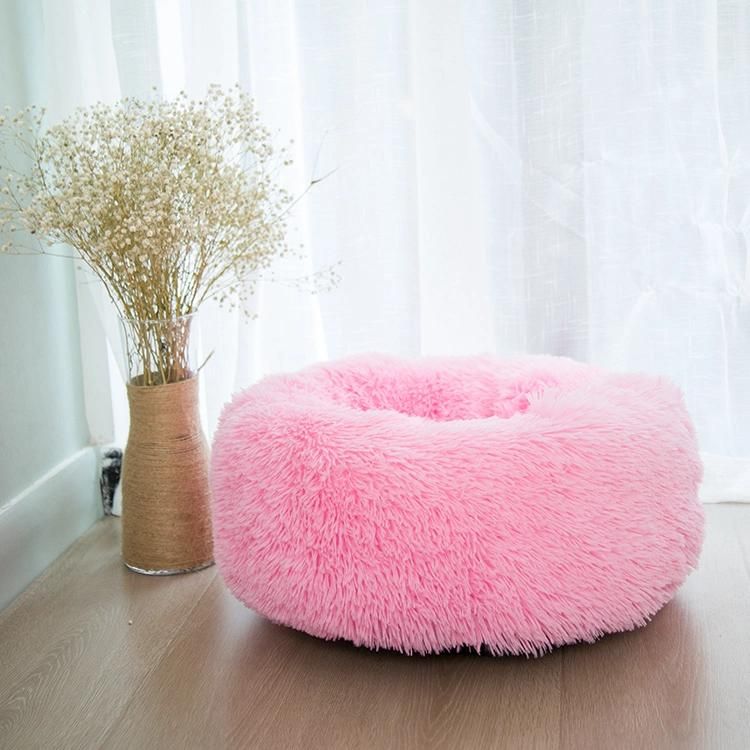 Hotsale Cute Cushion Soft Warm Colorful Long Plush Round Kennel Doughnut Dog Cat Pet Bed