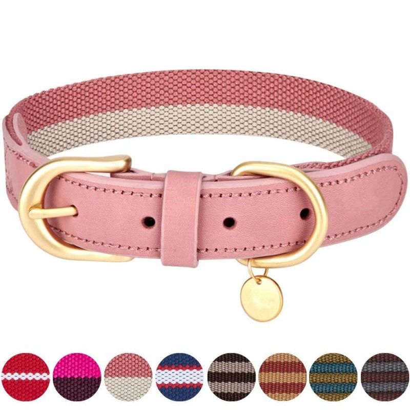 Polyester Fabric and Soft Genuine Leather Webbing Dog Collar, 8 Colors, Matching Leash Available Separately