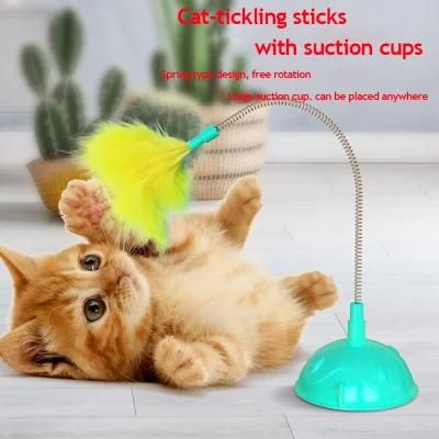 Wholesale Interactive Feather Toy Multicolor Cat Teaser Stick with a Bell Pet Tail Shape Wire Feather Cat Tickling Stick with Vacuum Cup