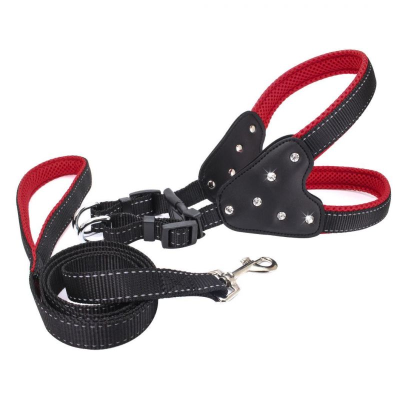 PU Leather with Blining Rhinestone Decorations Dog Harness with Dog Leash