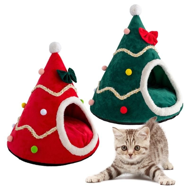 Christmas Tree Shape Dog Cat Bed House Home Warm Sleeping Bed Half Closed Bed