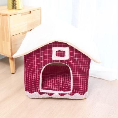 Christmas Winter Warm Indoor Soft Kennel Pet Large Dog House Doggy Beds with Mat Red Soft Dog House