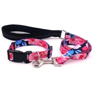Red Flowers Print Dog Collar with Matching Dog Leash