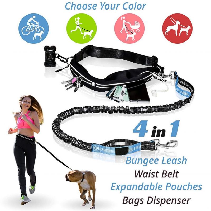 Bungee Dog Leash with Reflective Waist Belt for Phone, Keys and Cards Bonus Collar Bag Dispenser Great Gift