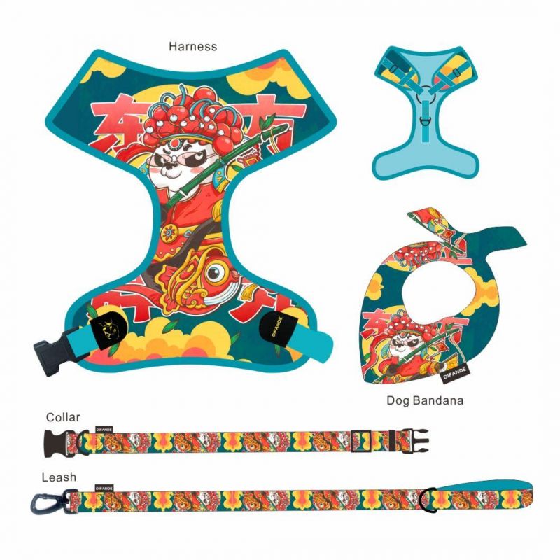 6 in 1 Personalized Sublimation Heavy Duty Polyester Cute Pet Collar Dog Harness and Leash Set