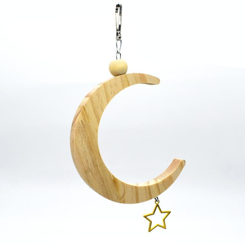 Toy for Small Birds Parakeet Hanging Swing Moon Shape Natural Wood Swing Bird Toys with Bells