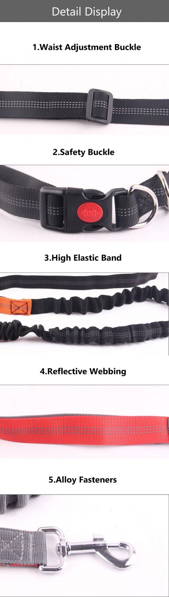 Dual Handle Lead Leash, Shock Absorbing Reflective Adjustable Waist Hands Free Dog Leash//