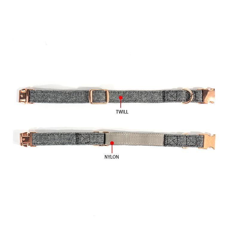 Tweed Wool Fabric for Dog Collar and Leash Set with Gold Metal Adjustable in 3 Different Lengths