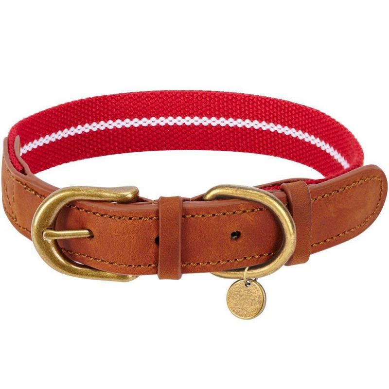 Red & White Color Leather & Polyester Pet Collar with The Comfortable Experience