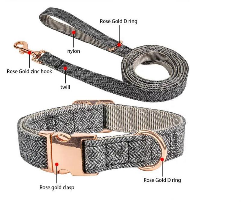 Tweed Wool Fabric for Dog Collar and Leash Set with Gold Metal Adjustable in 3 Different Lengths