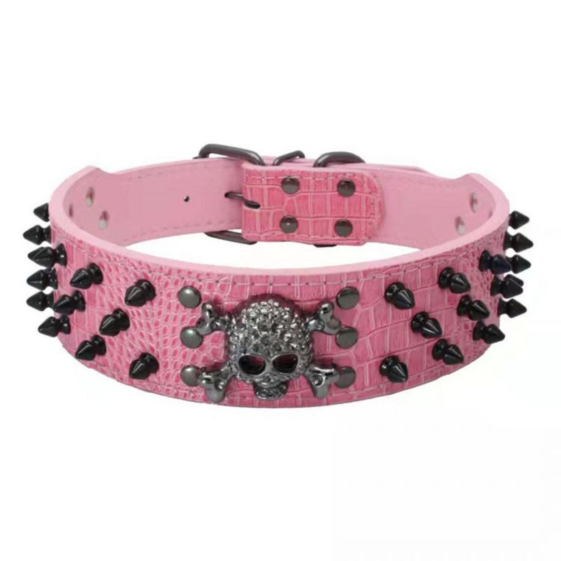 Halloween Skull Pet Collar 3 Rows Rivets Studded PU Leather Dog Collar