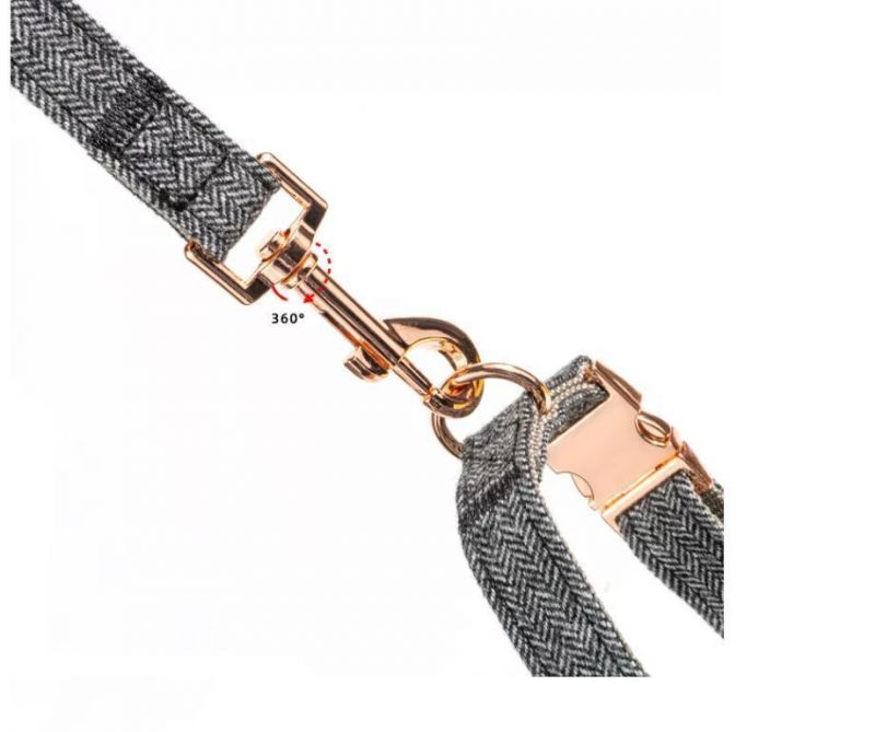 Tweed Wool Fabric for Dog Collar and Leash Set with Gold Metal Adjustable in 3 Different Lengths