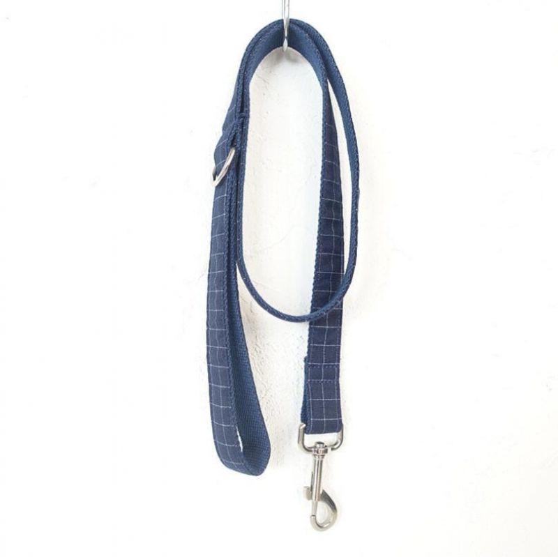 Dark Blue Plaid Polyester Matching Dog Collar and Leash and Bow Tie