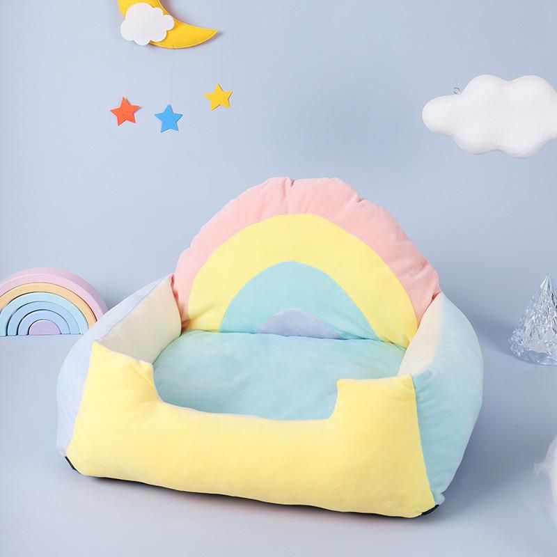 Wholesale Small Colorful Warm Pet Cat Sofa Rainbow Cozy Dog Sofa Bed with Cushion