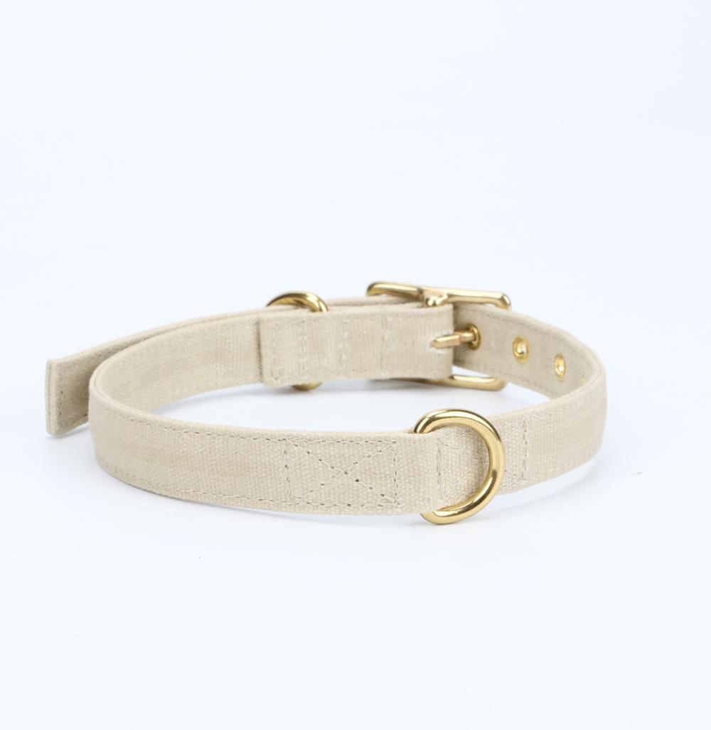 Eco Friendly Light Grey Canvas Waxed Dog Collar with Brass Metal
