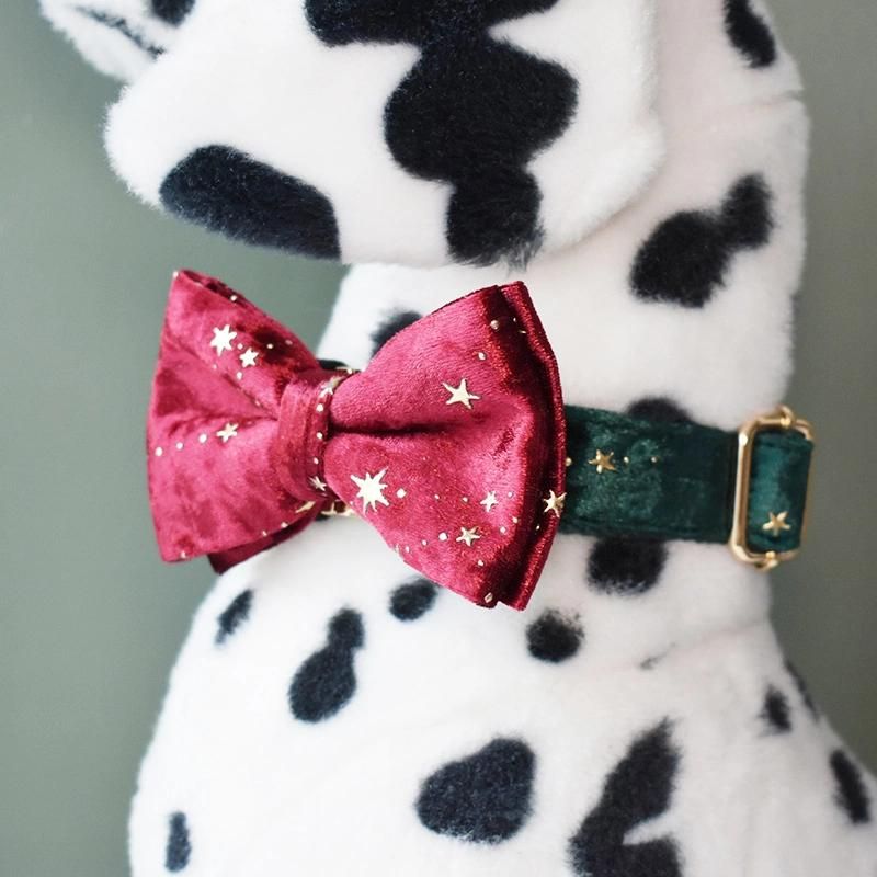 Personalized Dog Collar Christmas Red Velvet Bow Tie Pet Collar and Leash Set with Golden Stars Festival Dog Christmas Gifts