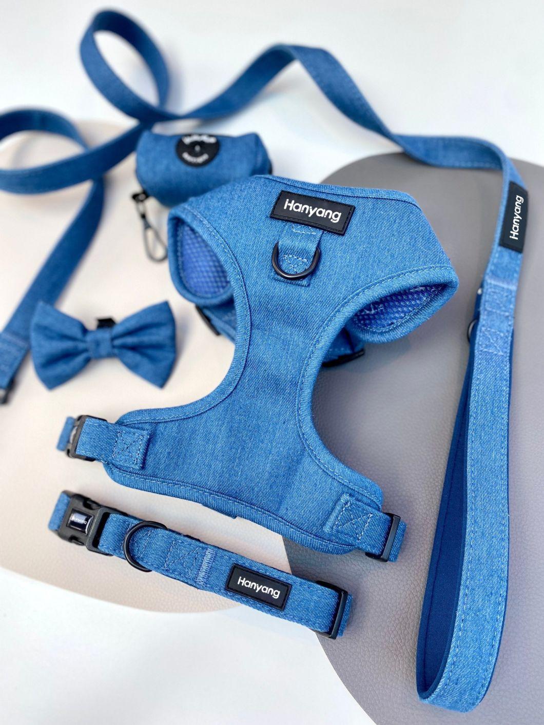 2022 New Design Dog Harness Manufacturer Wholesale Pet Lead Denim Dog Harness Custom Adjustable Dog Harness Set