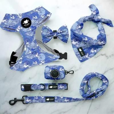 Hot Selling Cute Reversible Soft Mesh Dog Harness Custom Logo Printing Dog Harness Set with Pet Collar Leash Dog Poop Bag