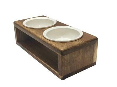 Acacia Wood Dog Cat Pet Feeder &amp; Double Stainless Steel Bowls