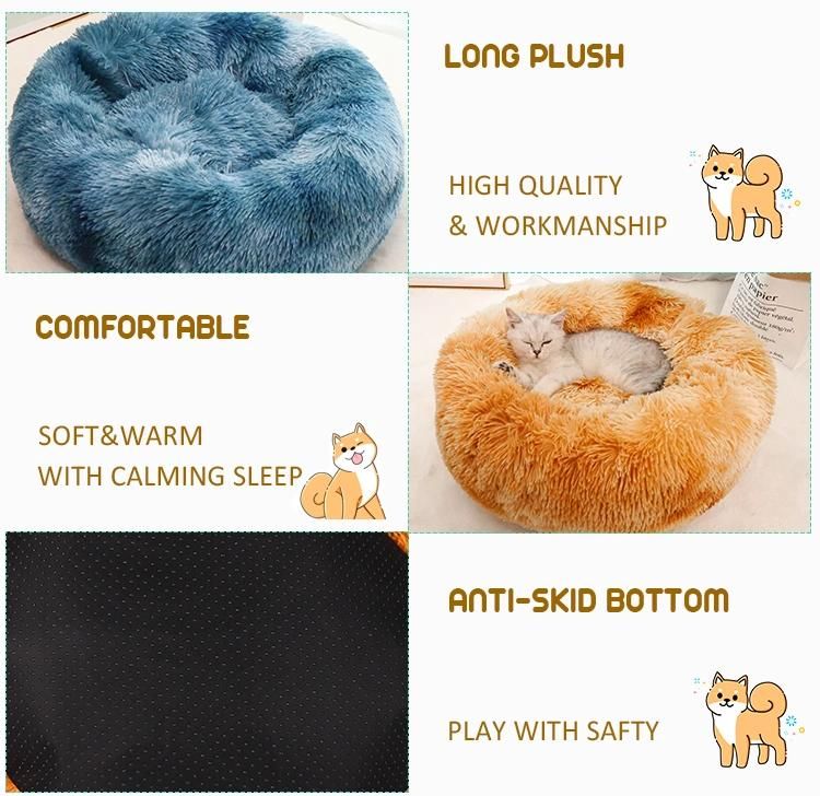 Long Faux Fur Pet Bed Comfortable Waterproof Plush Donut Round Dog Bed Dropshipping Soft Washable Cat Bed Removable Pet Cushion