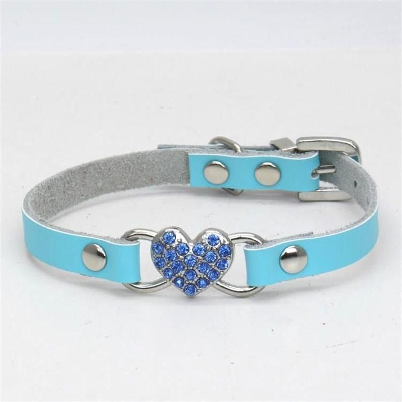 Adjustable Leather Pet Collar with Rhinestone Heart-Shaped Pet Collar