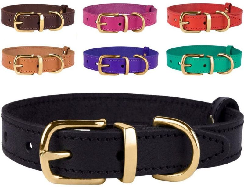 Genuine Leather Dog Collar Adjustable Durable Pet Collars for Dogs Small Medium Large Puppy Black Brown Red Pink Purple Green
