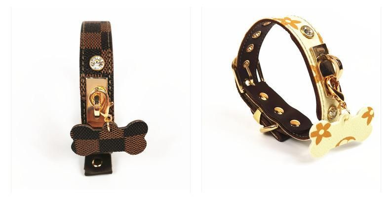 Custom Designer Adjustable Luxury Fashion Pattern Leather Dog Collar and Leash Set