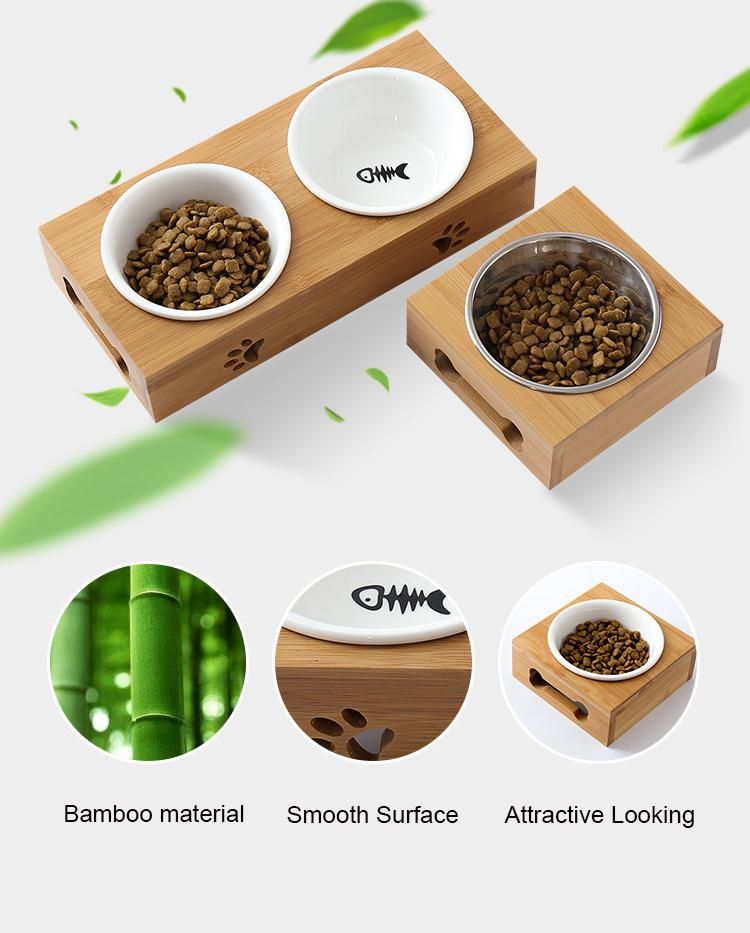 Pet Supplies Bamboo Wood Protect Cervical Spine Water Food Feeder Cat Dog Double Bowl with Wooden Frame and Stainless Steel Bowl