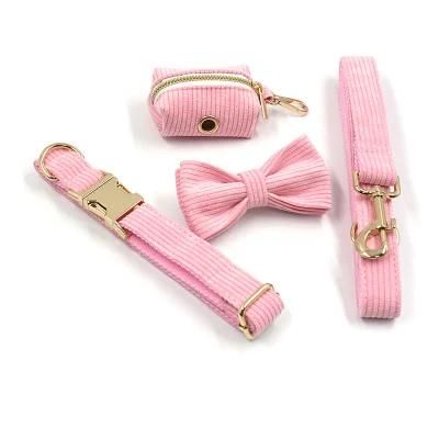 Charm Design High Quality Solid Pink Corduroy Dog Collar Leash Manufacturer Pet Supplies Dog Collar Laser Brand Leash Set
