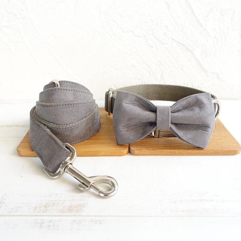 Dog Collar and Leash Set Adjustable England Gentleman′ S Design Grey Dog Collar Leash Bow Tie for Small Medium Large Dogs