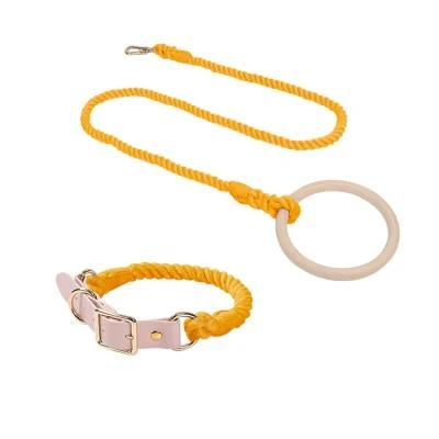 Hot Sale Stocked Designer Luxury Dog Leads Wooden Handle with Colorful Braided Rope Dog Leash and Dog Collar Set