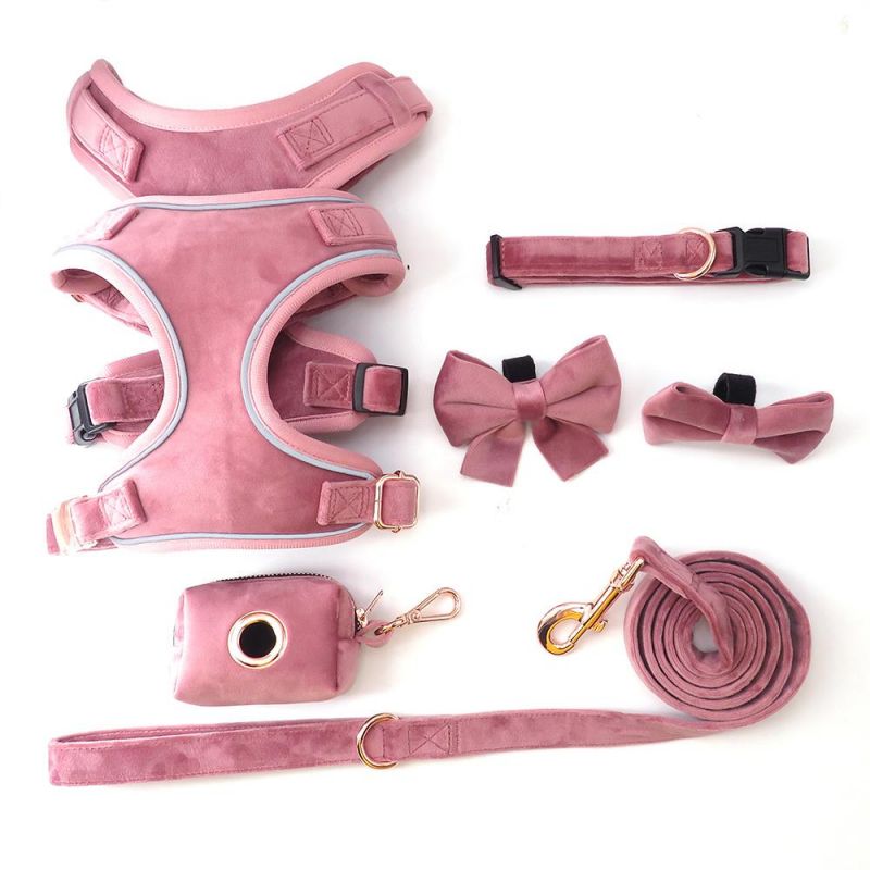 High Quality Soft No Pull Pet Adjustable Velvet Dog Harness Leash Collar Poop Bag Holder Set