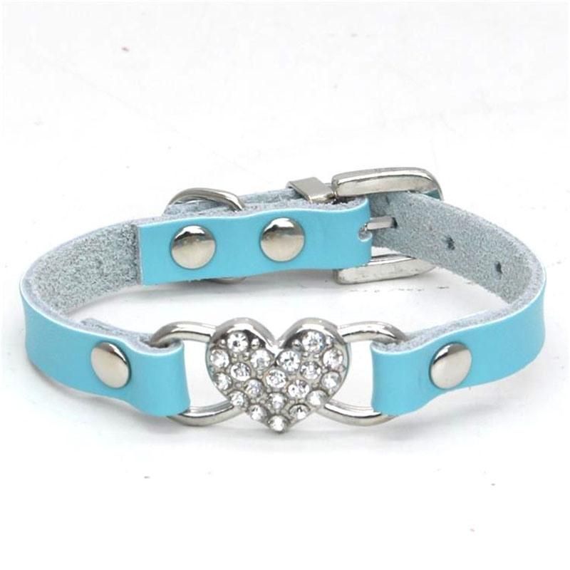 Adjustable Leather Pet Collar with Rhinestone Heart-Shaped Pet Collar