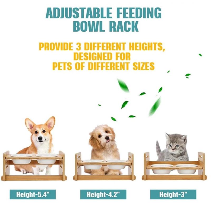 Hotselling Raised Dog Bowls Pet Bowls with 2 Ceramic Bowls Adjustable Bamboo Pet Feeder Elevated Feeder Stand Pet Bowl Pet Raised Bowls