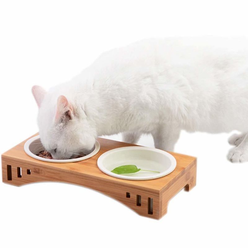 Made of Bamboo Stand and Ceramic Bowl for Pet