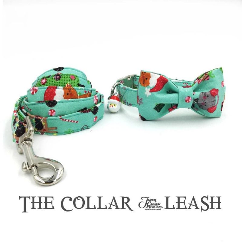 The Green Merry Christmas Dog Collar and Leash Set with Bow Tie Cotton Dog & Cat Necklace for Pet Christmas Gift