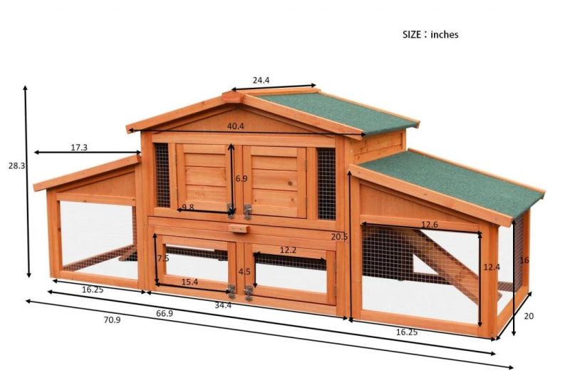 70 Inch Two-Layer Outdoor Multifunctional Wooden Chicken Housefor Small Animals with 2 Run Play Area