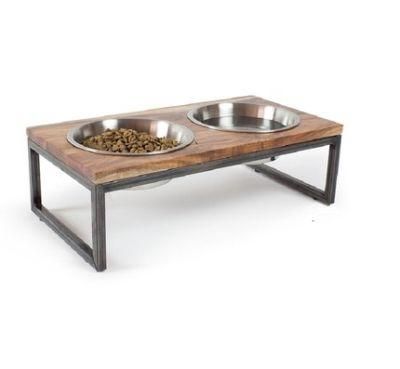 Dog Feeding Stand Acacia Wood Elevated Stainless Pet Bowl