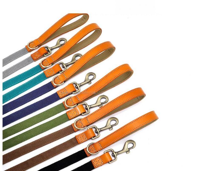 Hot Sales Genuine Leather Matching Polyester Cotton Pet Dog Collar and Leash Set
