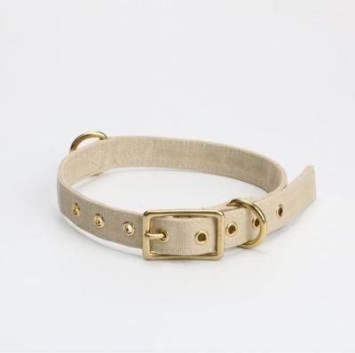 Eco Friendly Light Grey Canvas Waxed Dog Collar with Brass Metal