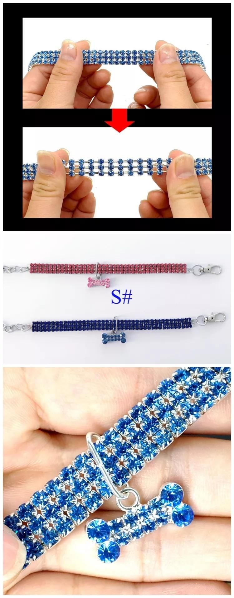 Wholesale 3 Rows Rhinestone Elastic Pet Crystal Necklace Dog Collar with Jewelry Tag