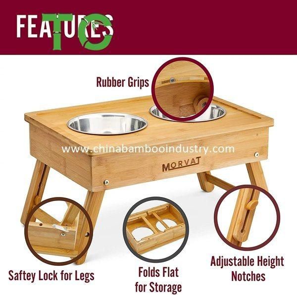 Adjustable Raised Dog Bowl Pet Bowls Elevated Pet Feeder, Bamboo Dog Dishes - 3 Heights Elevated Feeder for Dogs and Cats