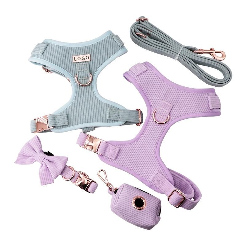 Hot Sale Pet Items Designer Corduroy Material Hunde Geschirr Dog Harness Collar and Leash Set